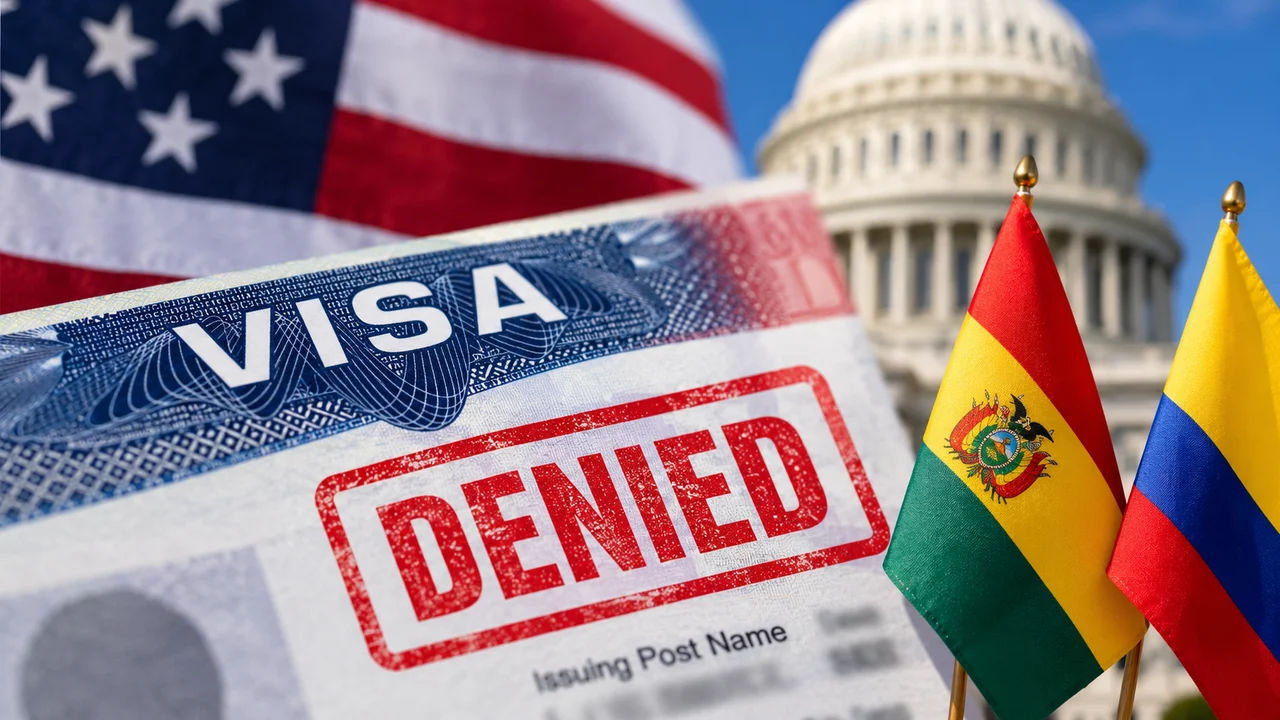 Estados Unidos restringe visas Estados Unidos anunció restricciones de visas contra 47 personas de Bolivia y Colombia, en el marco de su estrategia contra la corrupción y el narcotráfico. Ilustración: MundoNow.